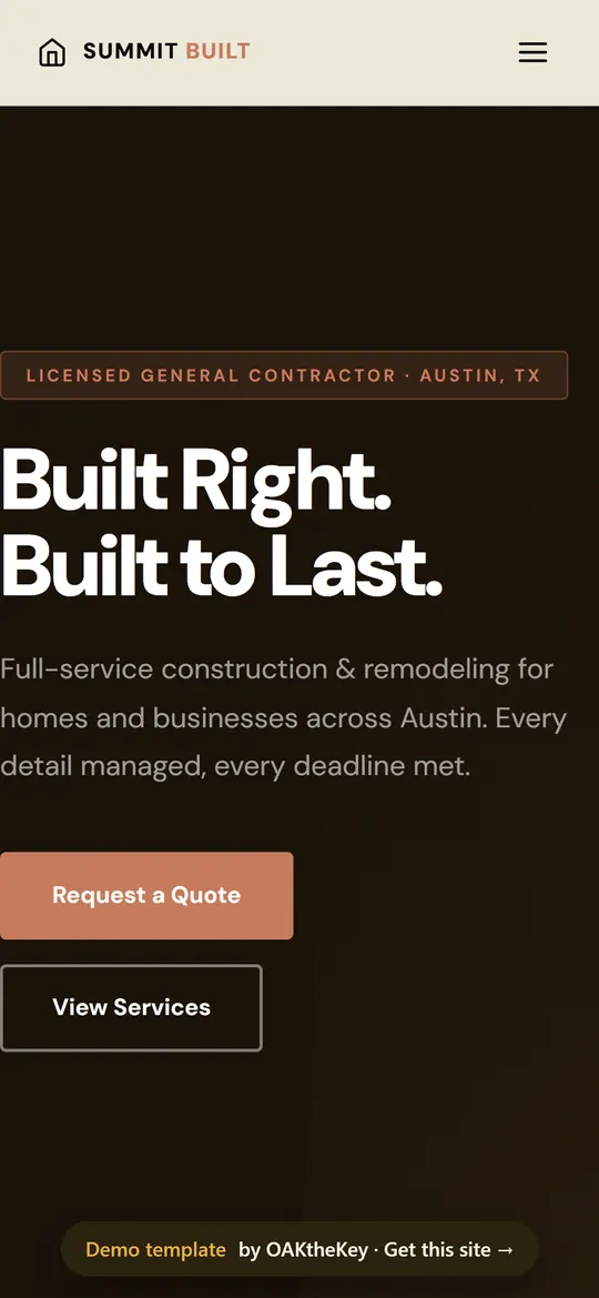 Summit Built demo homepage on a phone