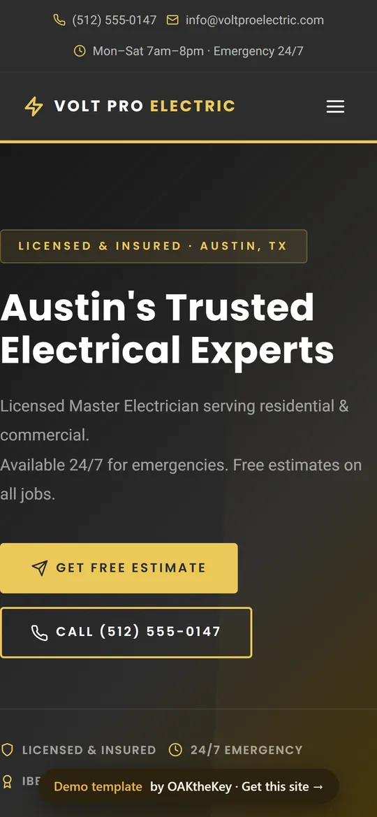 Volt Pro Electric demo homepage on a phone