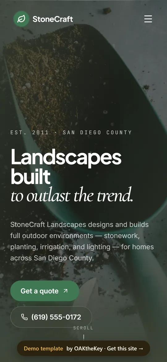 StoneCraft Landscapes demo homepage on a phone